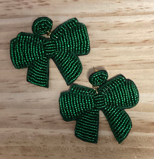 Green beaded bow earrings