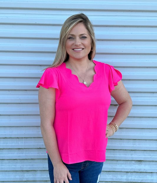 Scalloped neck hot pink top
