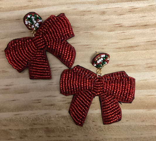 Red beaded bow earrings